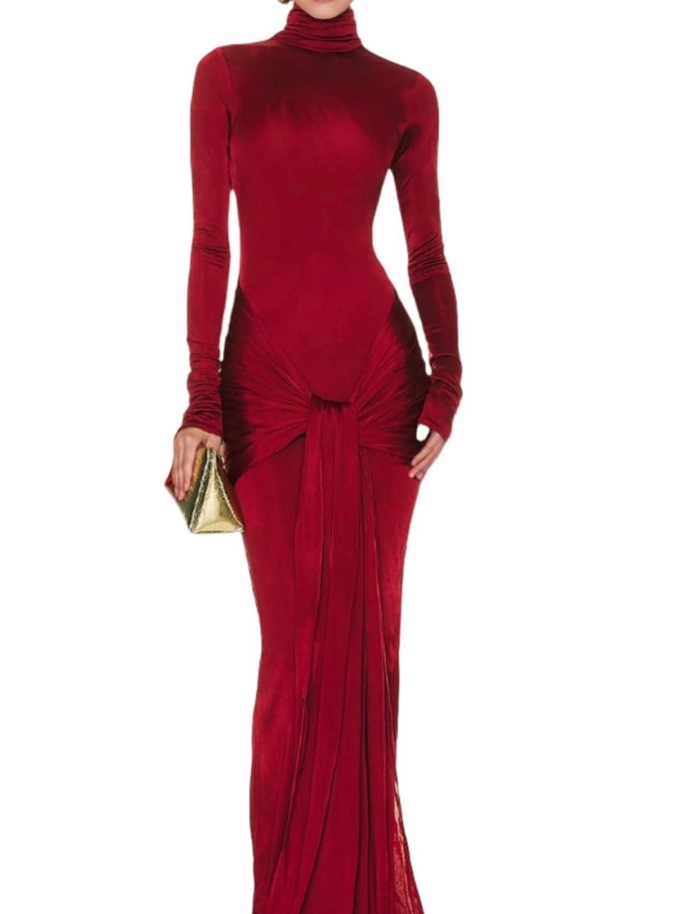 Ruby Turtleneck Long-Sleeve Knot-Front Evening Dress